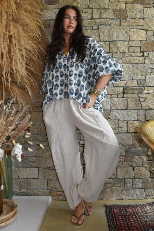 Daughter Of Ibiza Indira Balloon Sleeve Shirt French Navy & Denim 